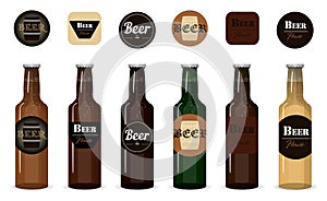 Set of vector glass beer bottles. Isolated bottles with different types, grades and firms of beer on a white background