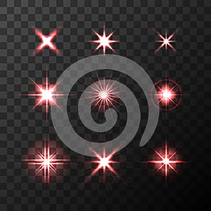 Set of Vector glowing light effect red stars bursts with sparkles on transparent background. Transparent red stars.