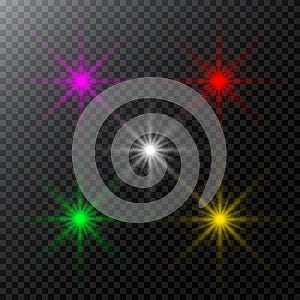 Set of Vector glowing light effect stars bursts with sparkles and flare, explosion on transparent background. Stock -