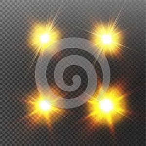 Set of Vector glowing light effect stars bursts with sparkles on transparent background. Transparent stars