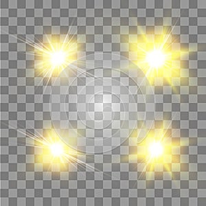 Set of Vector glowing light effect stars bursts with sparkles on transparent background. Transparent stars