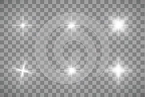 Set of Vector glowing light effect stars bursts with sparkles on transparent background. Transparent stars