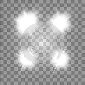 Set of Vector glowing light effect stars bursts with sparkles on transparent background. Transparent stars