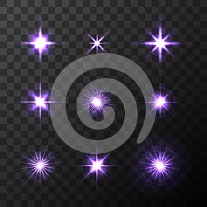 Set of Vector glowing light effect stars bursts with sparkles on transparent background. Transparent stars