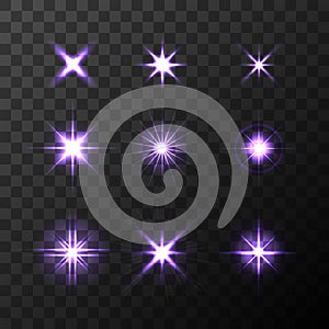 Set of Vector glowing light effect stars bursts with sparkles on transparent background. Transparent stars