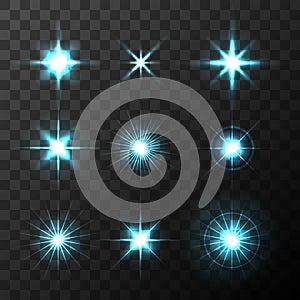 Set of Vector glowing light effect stars bursts with sparkles on transparent background. Transparent stars