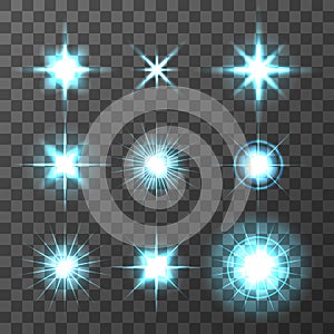 Set of Vector glowing light effect stars bursts with sparkles on transparent background. Transparent stars