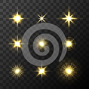 Set of Vector glowing light effect stars bursts on transparent background. Transparent stars