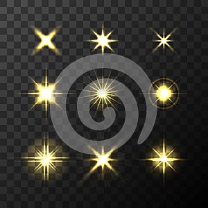 Set of Vector glowing light effect stars bursts on transparent background. Transparent stars