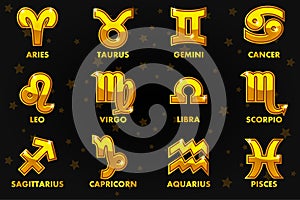 Set Vector Gold Astrology Signs On Black background, 12 Zodiac