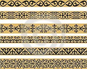 Set of vector gold and black seamless Kazakh national ornament.