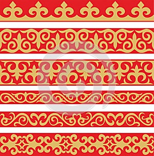 Set of vector gold and red seamless Kazakh national ornament.