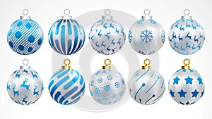 Set of vector gold,silver and blue christmas balls with ornaments. golden collection isolated realistic decorations. Vector