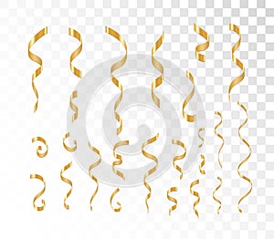 Set of vector golden ribbons on transparent background, holiday decorative design elements, golden serpentine