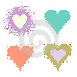 Set of vector graphic grunge illustrations of heart, sign with ink blot, brush strokes, drops isolated on the white background. Se