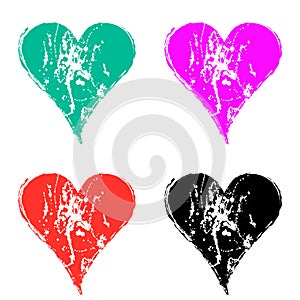 Set of vector graphic grunge illustrations of heart, sign with ink blot, brush strokes, drops isolated on the white background. Se