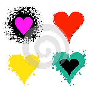 Set of vector graphic grunge illustrations of heart, sign with ink blot, brush strokes, drops isolated on the white background. Se