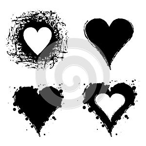 Set of vector graphic grunge illustrations of heart, sign with ink blot, brush strokes