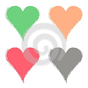 Set of vector graphic grunge illustrations of heart, sign with ink blot, brush strokes, drops isolated on the white background.