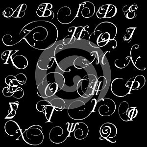 Set of vector greek calligraphic alphabet letters isolated on black background