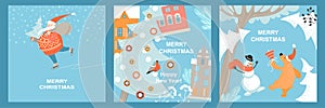 Set of vector greeting cards for Christmas and Happy New Year with funny Santa Claus, bear and snowman on the background of winter