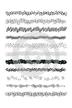 Set of vector grunge graphite pencil art line brush template. Ink textures of different shapes. Collection of hand drawn