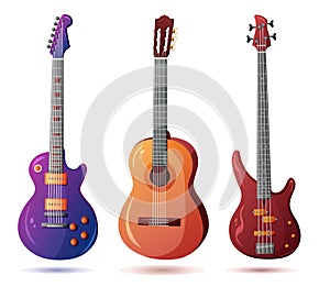 Set of vector guitars. Acoustic guitar, bass guitar, electric guitar