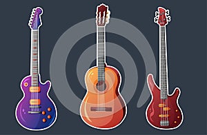 Set of vector guitars. Acoustic guitar, bass guitar, electric guitar. Stickers