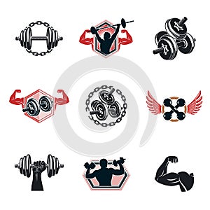 Set of vector gym theme illustrations created with dumbbells, ba photo