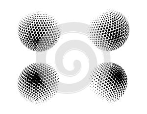 Set of vector halftone spheres. Dotted circles with black and white gradient. Pattern design element