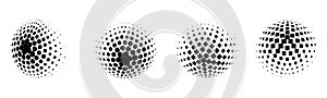 Set of vector halftone spheres. Dotted circles with black and white gradient. Pattern design element