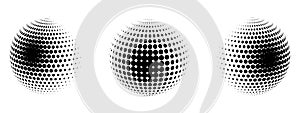 Set of vector halftone spheres. Dotted circles with black and white gradient. Pattern design element