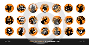 Set of vector Halloween icons. Black silhouettes of illustrations of Halloween design in orange circles