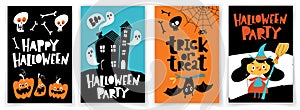 Set of vector Halloween party cards in cartoon flat kids style