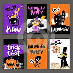 Set of vector Halloween party posters in cartoon flat retro style