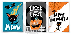 Set of vector Halloween party posters in cartoon flat style