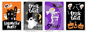 Set of vector Halloween party posters in cartoon flat style with bright colors