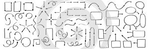 Set of vector hand drawn arrows and flowchart elements. Collection of pointers and frames.