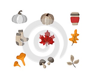 Set of vector hand drawn autumn elements. Autumn leaves, mushrooms, socks, pumpkin and mug. Fall Items for Thanksgiving