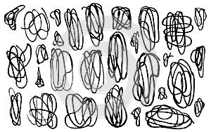 Set of vector hand drawn black messy lines swirls