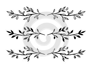 Set of vector hand drawn decorative black branch frame elements or dividers isolated on white background