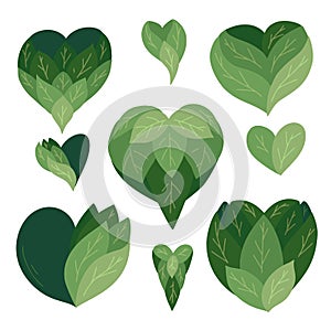 Set of vector hand drawn flat hearts made of leaves. Eco friendly love of nature. Green bush isolated from object. Vector objects
