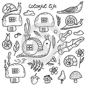 Set vector hand drawn funny forest fairy tale elements