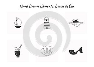 Set of vector hand drawn icons. Simple isolated elements for marine logo.