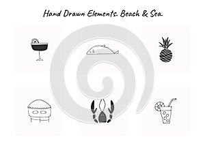 Set of vector hand drawn icons. Simple isolated elements for marine logo.