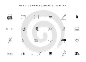 Set of vector hand drawn icons. Writing, copywrite and publishing theme.