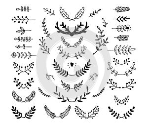 Set of vector hand drawn laurels, wreath, branches