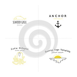 Set of vector hand drawn logo templates. Beach and sea theme.