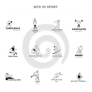 Set of vector hand drawn logo templates. Men in different sports. Active way of life.