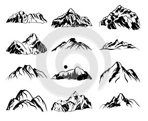 Set of vector hand drawn mountain illustrations, line drawing